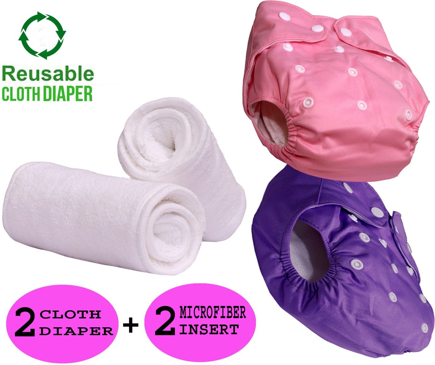 Baby Reusable Cloth Diaper, Washable Adjustable Infants Nappy with Insert- (0-24 Months, Pad Included) - Pack/Combo of (2 Cloth Diaper+2 Microfiber Insert)-image-1
