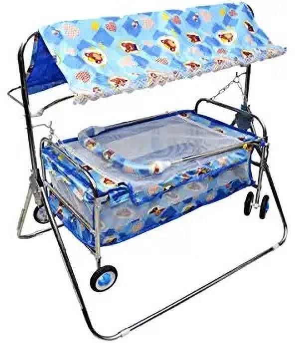 Steel Swing,Jhula, bassinet with mosquito net,umbrella and wheels Bassinet