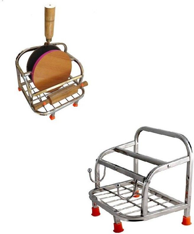 rollyware Chakla/Belan Kitchen Rack Rollyware™ CBS Premium 100% Heavy Steel Chakla Belan Tawa Chimta Stand + Steel Belan Free - Lighter Stand 4in 1 chakla belan tawa Holder01 Steel-picture-12