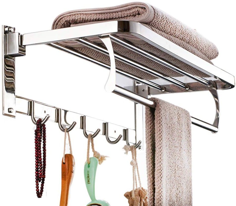 Luxurious 2 feet Stainless Steel Folding Towel Rack | Towel Stand | Towel Hanger | Towel Holder | Rack Shelf | Bathroom Accessories (Square) (24 INCH) Silver Towel Holder-image-26