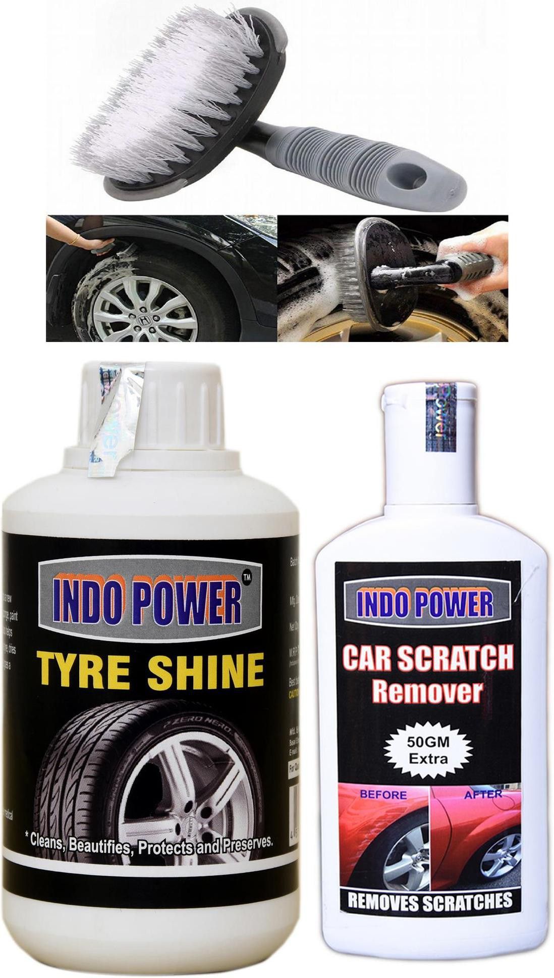 indopower TYRE SHINER 250ml+ Scratch Remover 200gm.+All Tyre Cleaning Brush Combo-picture-27