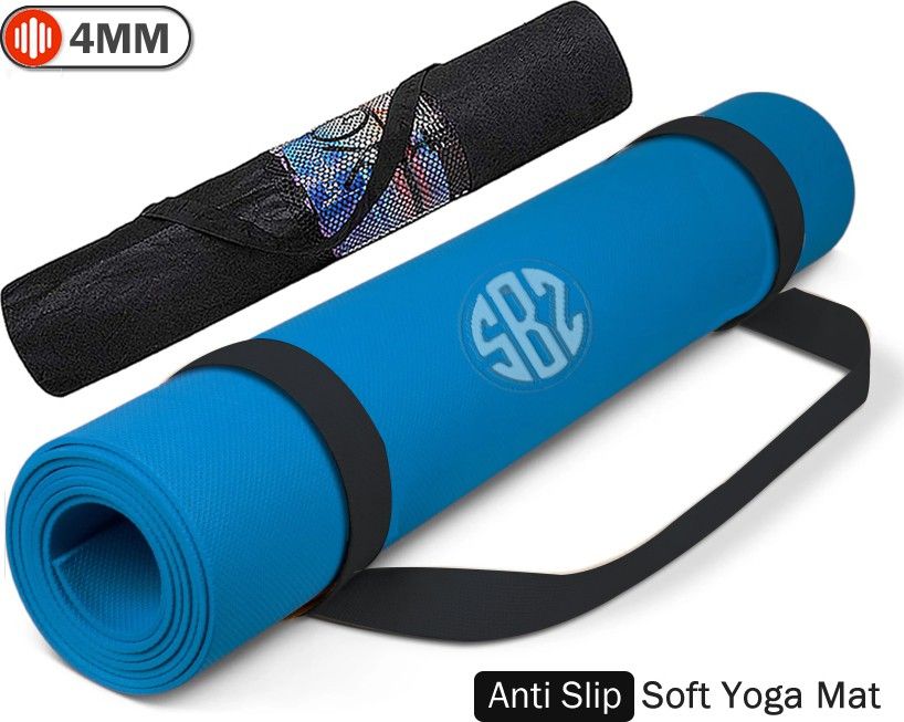 4mm Blue Anti Skid Yoga/Exercise Mat with Carry Bag for Men & Women Blue 4mm mm Yoga Mat-image-37