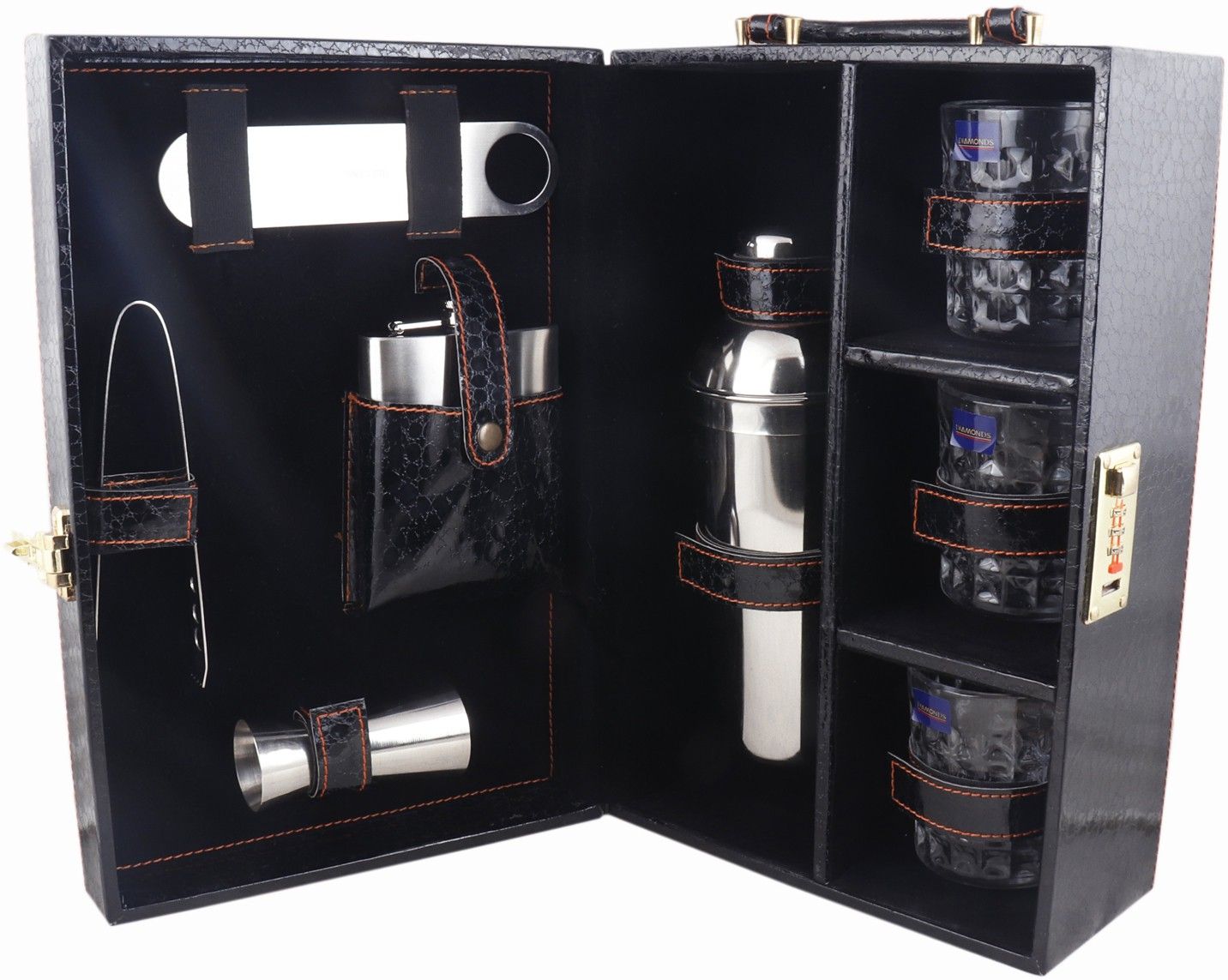 vegan Leathers 3 Glasses Black Bar Set |Premium Bar Set Bottle Opener with Bottle Handy Portable Leatherette Bar Set for car | Whiskey Glasses AIBLC008 1 - Piece Bar Set-image-32
