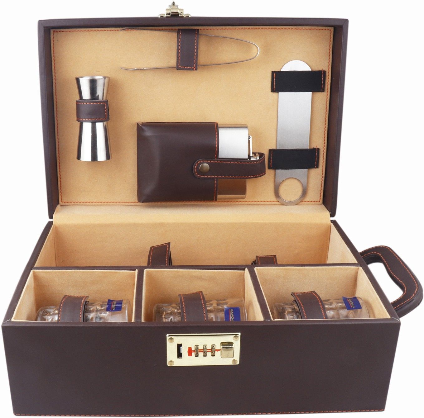 chiefly vegan leathers 3 Glasses Brown Bar Set |Premium Bar Set with Bottle Opener| Handy Portable Leatherette Bar Set for car | Whiskey Glasses AIBRPS002 1 - Piece Bar Set-picture-14