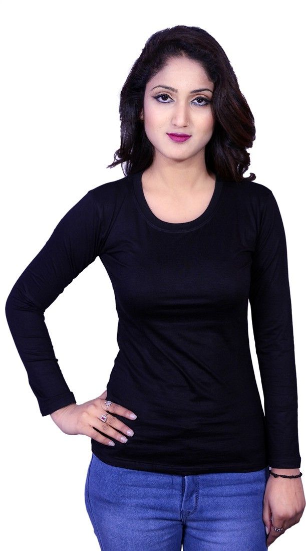 kanchan world Women Solid Round Neck Cotton Blend Black T-Shirt-picture-17