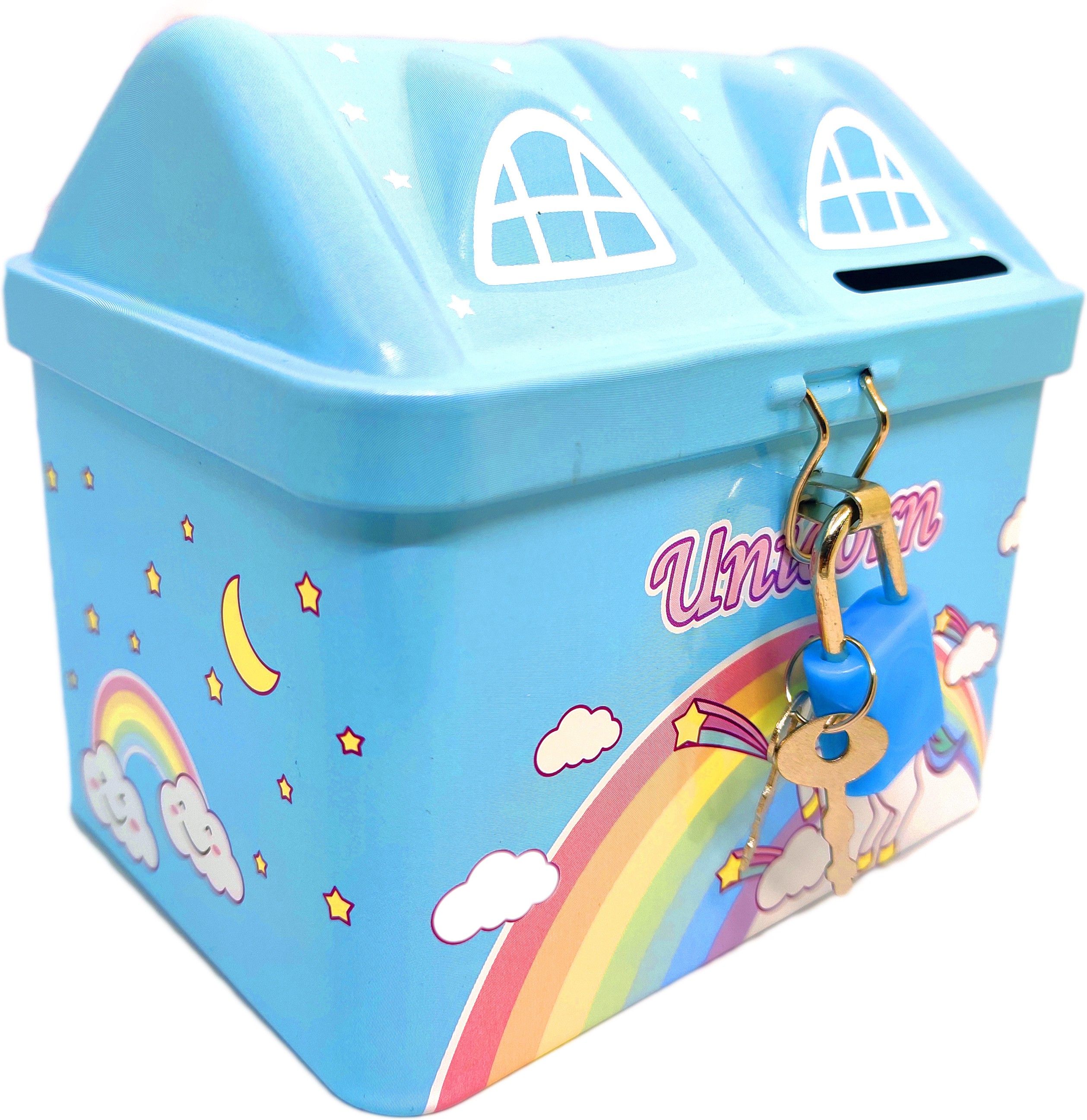 poksi UNCORN PRINTED METAL COIN BANK PIGGY BANK FOR KIDS WITH LOCK AND KEY (BLUE AND PINK) (1 PCS) Coin Bank-picture-19