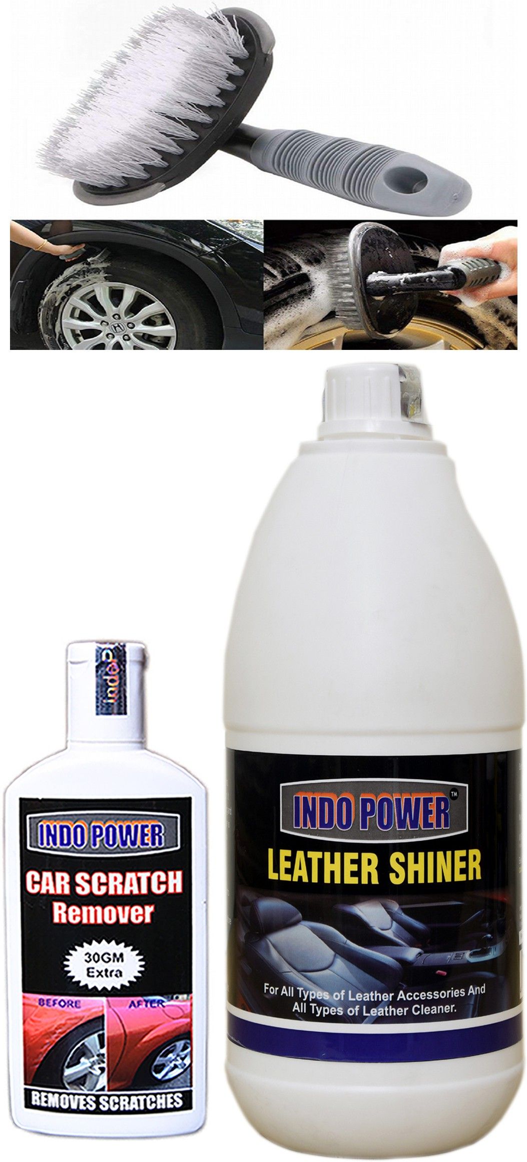indopower LEATHER SHINER 1ltr+ Scratch Remover 100gm.+All Tyre Cleaning Brush Combo-picture-34