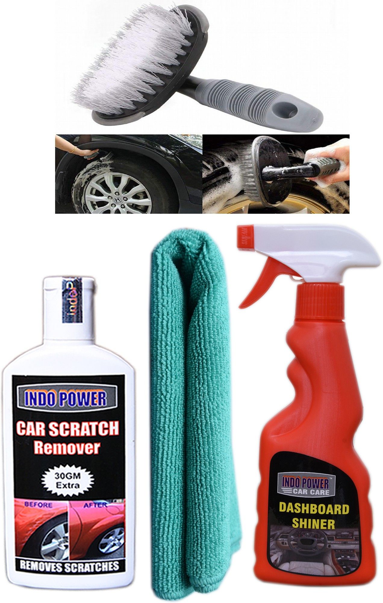 indopower DASHBOARD SHINER SPRAY 250ml+ 1PC CAR MICROFIBER CLOTH+ scratch remover 100gm. +All Tyre Cleaning Brush Combo-picture-20