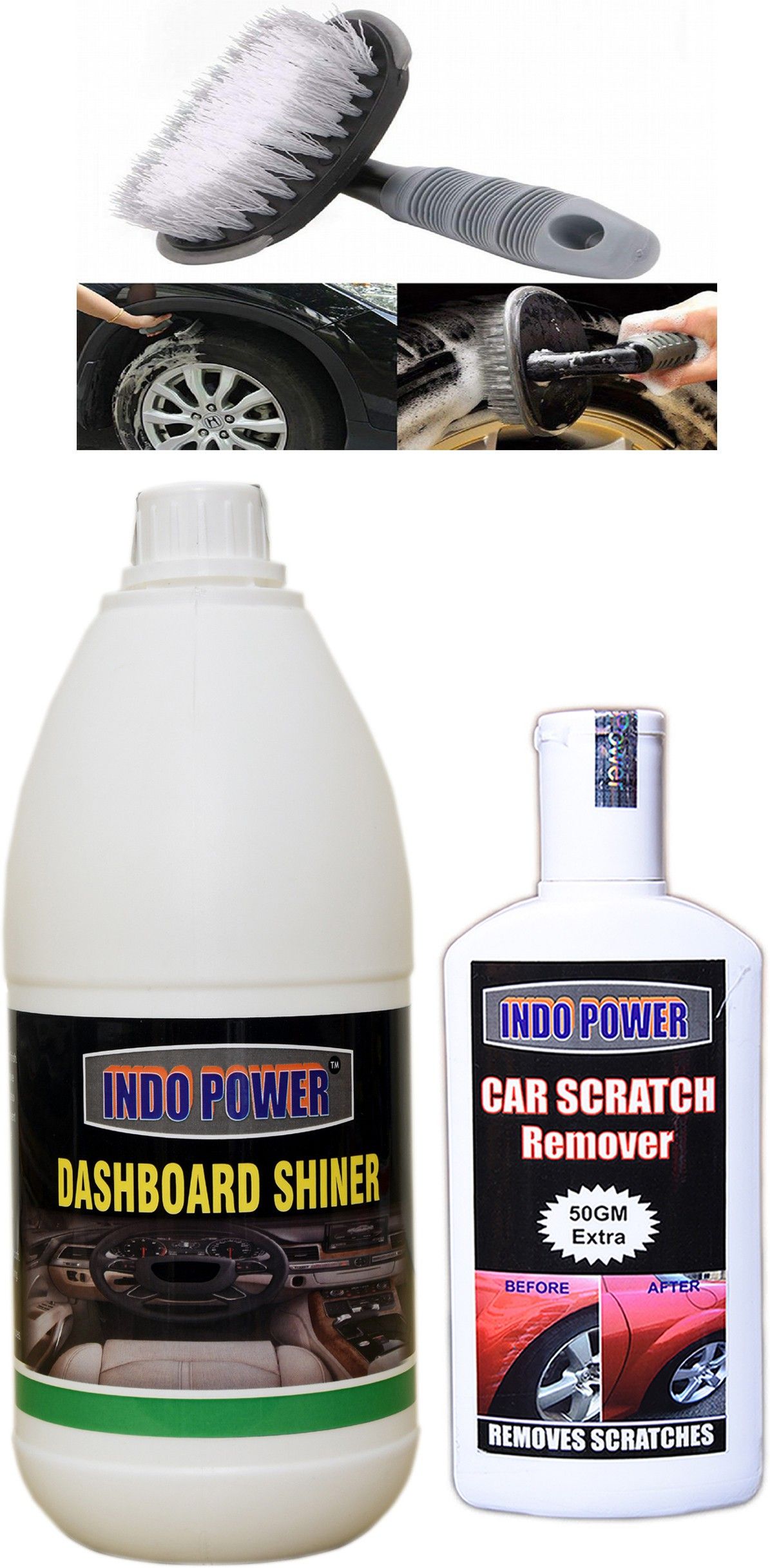 indopower DASHBOARD SHINER 1ltr+ Scratch Remover 200gm.+All Tyre Cleaning Brush Combo-picture-29