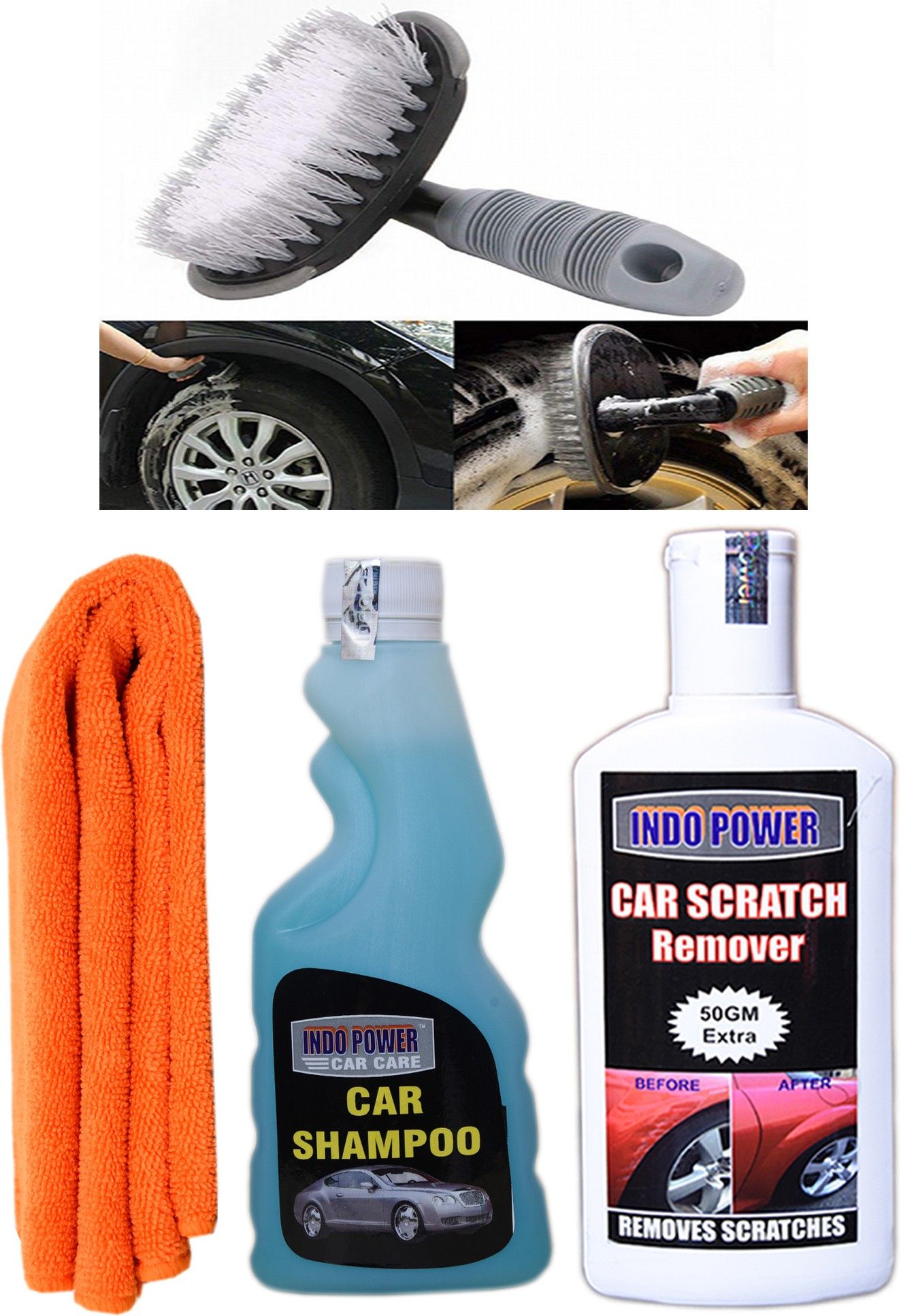 indopower CAR SHAMPOO 250ml + 1PC CAR MICROFIBER CLOTH+ Scratch Remover 200gm.+All Tyre Cleaning Brush Combo-picture-34