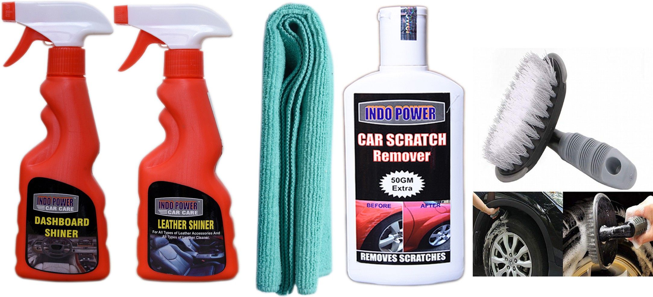 indopower LEATHER SHINER SPRAY 250ml+DASHBOARD SHINER SPRAY 250ml+1PC CAR MICROFIBER CLOTH+ Scratch Remover 200gm.+All Tyre Cleaning Brush Combo-picture-31