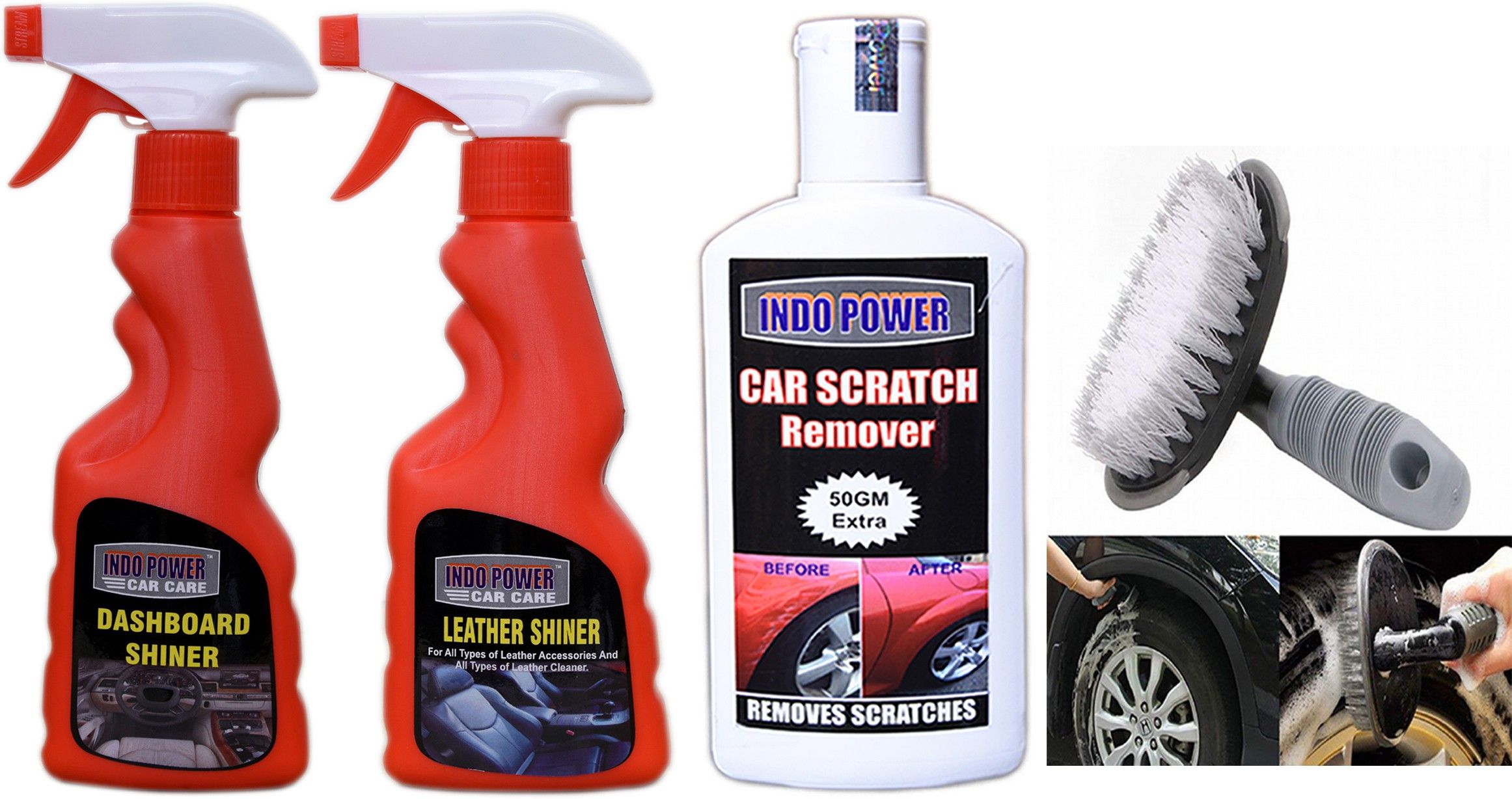 indopower LEATHER SHINER SPRAY 250ml+ DASHBOARD SHINER SPRAY 250ml+ Scratch Remover 200gm.+All Tyre Cleaning Brush Combo-picture-37