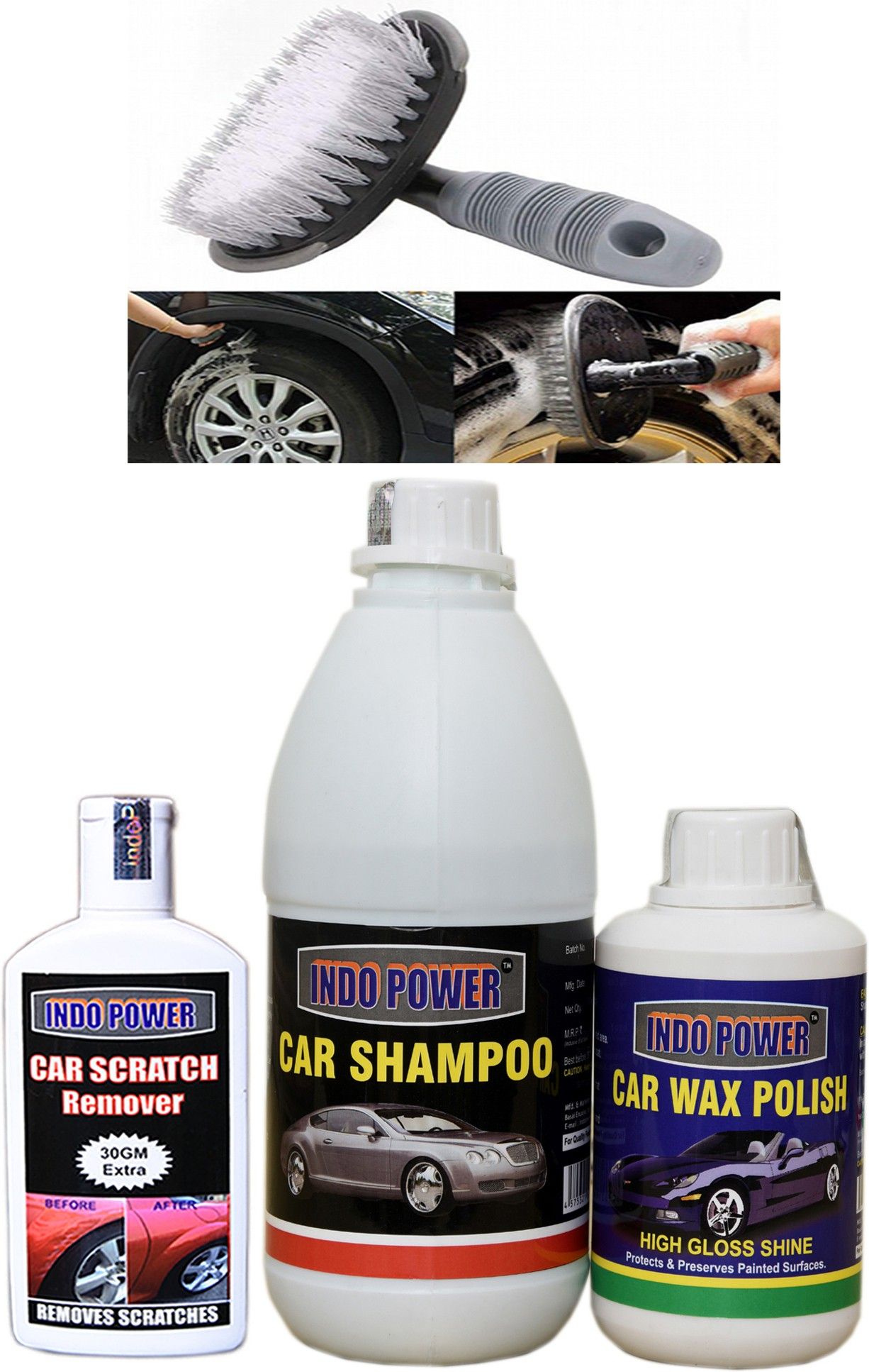 indopower CAR SHAMPOO 500ml+ CAR WAX POLISH 250ml+ scratch remover 100gm. +All Tyre Cleaning Brush Combo-picture-33