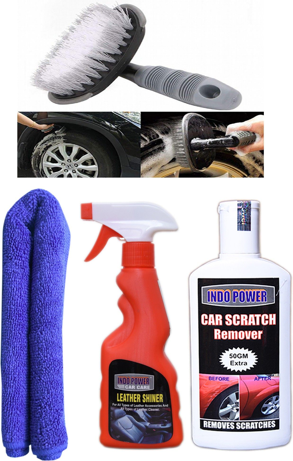 LEATHER SHINER SPRAY 250ml + 1PC CAR MICROFIBER CLOTH+ Scratch Remover 200gm.+All Tyre Cleaning Brush Combo-image-49