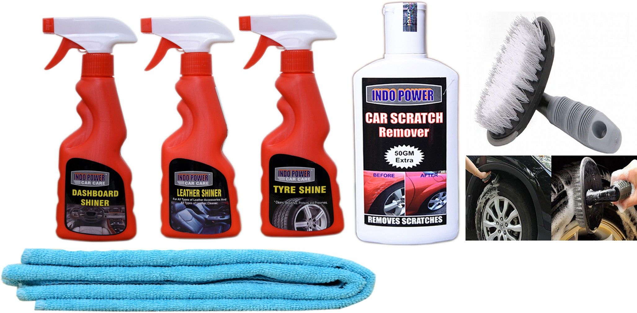 1PC CAR MICROFIBER CLOTH+ LEATHER SHINER SPRAY 250ml+ DASHBOARD SHINER SPRAY 250ml+TYRE SHINER SPRAY 250ml+ Scratch Remover 200gm.+All Tyre Cleaning Brush Combo-image-43