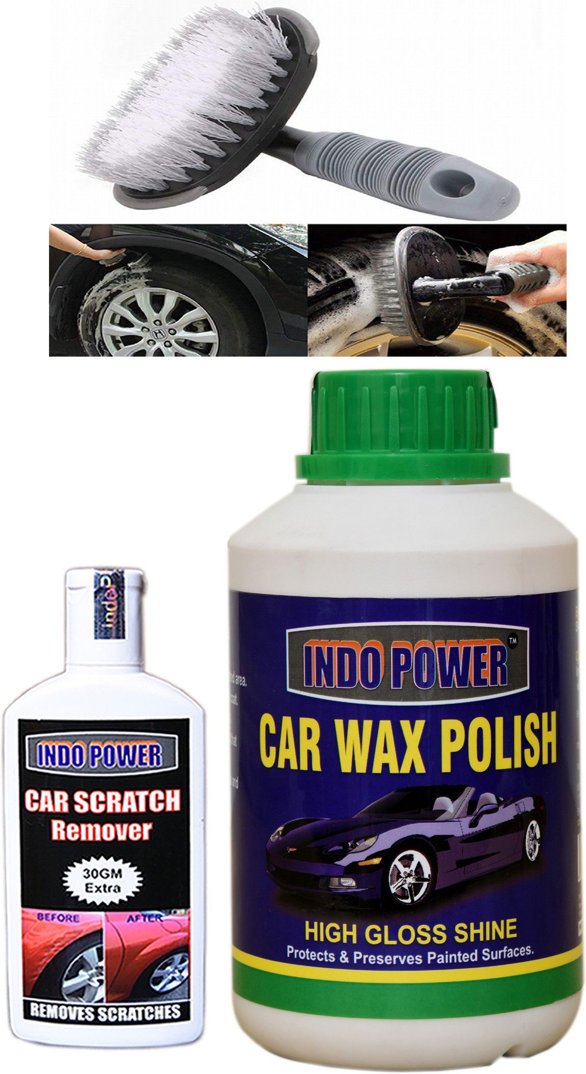 indopower CAR WAX POLISH 500gm+ Scratch Remover 100gm.+All Tyre Cleaning Brush Combo-picture-26