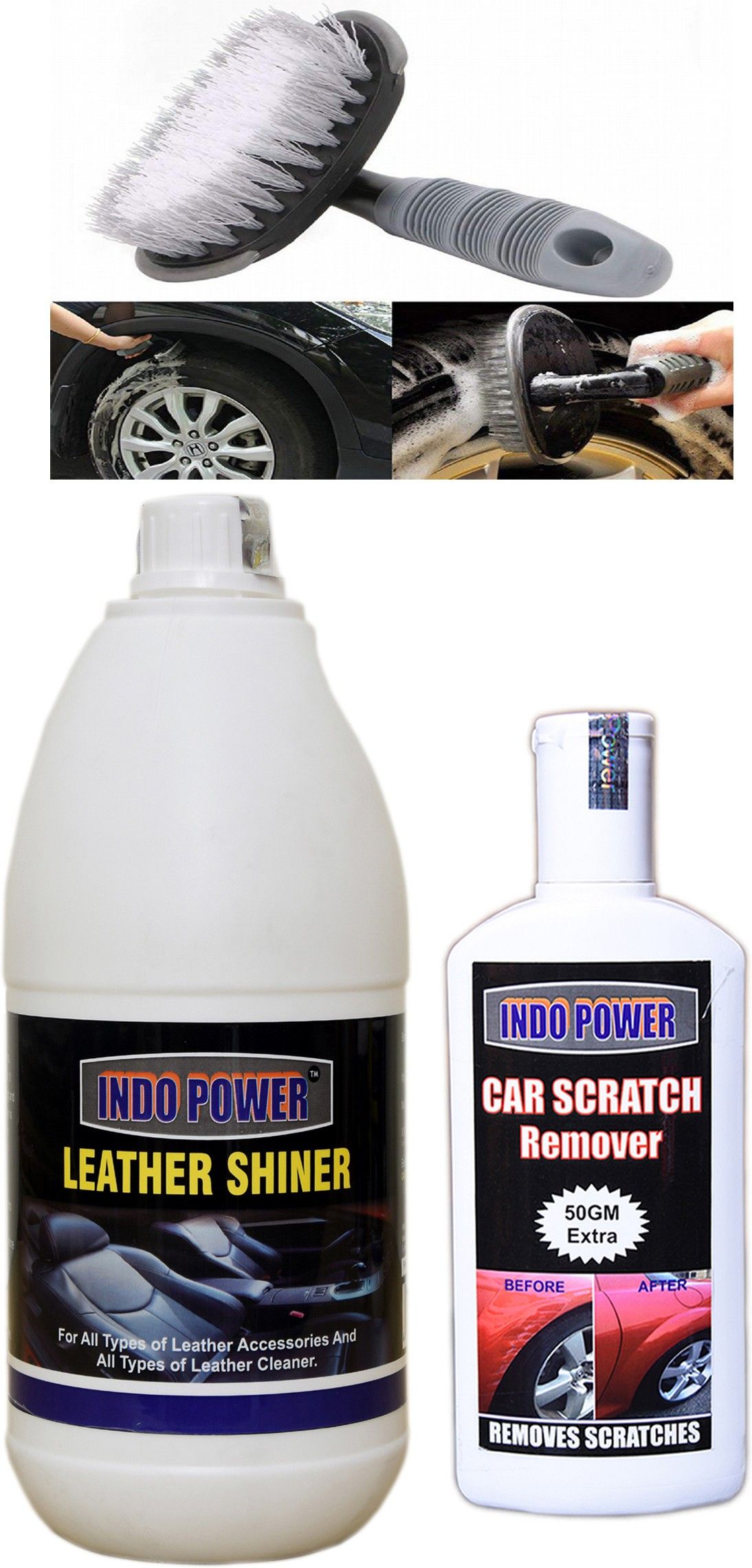 indopower LEATHER SHINER 1ltr+ Scratch Remover 200gm.+All Tyre Cleaning Brush Combo-picture-35