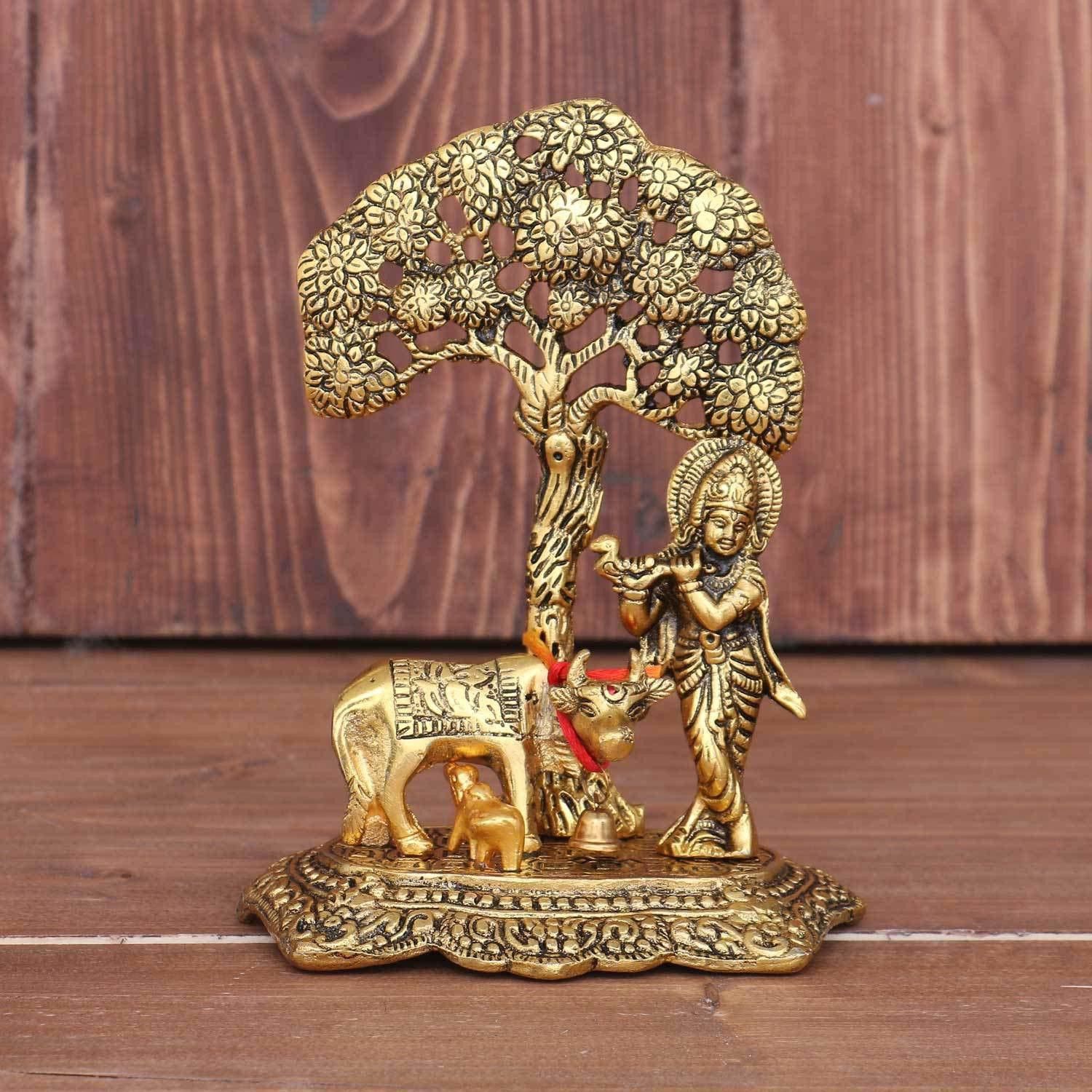Metal Krishna with Cow Standing Under Tree Plying Flute Decorative Showpiece-17 cm