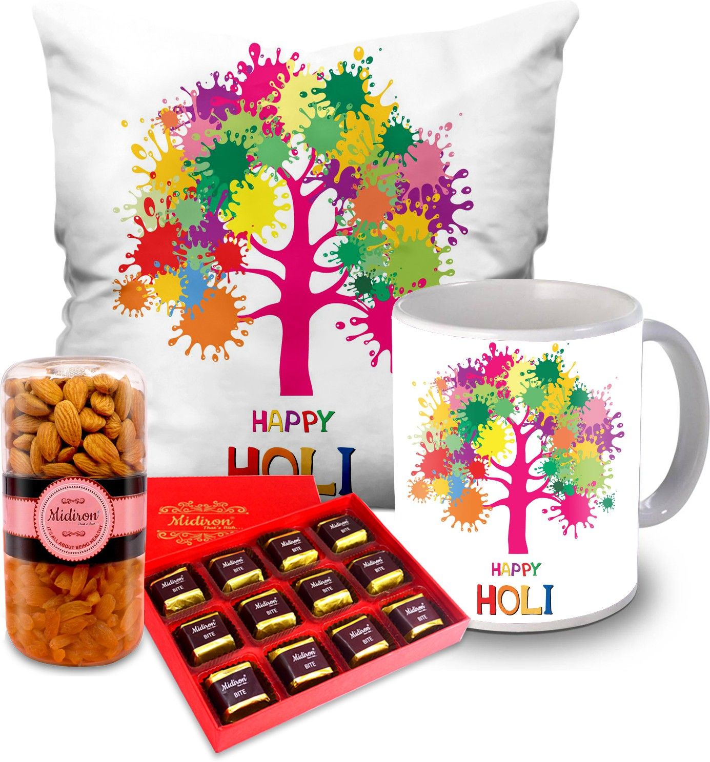 Holi Gift Combo, Milk Chocolate Box with Dry fruits and Holi Quote Printed Coffee Mug and Cushion (16*16 Inch) for Friends & Relative on Holi IZ20-45 Ceramic, Plastic Gift Box-image-36