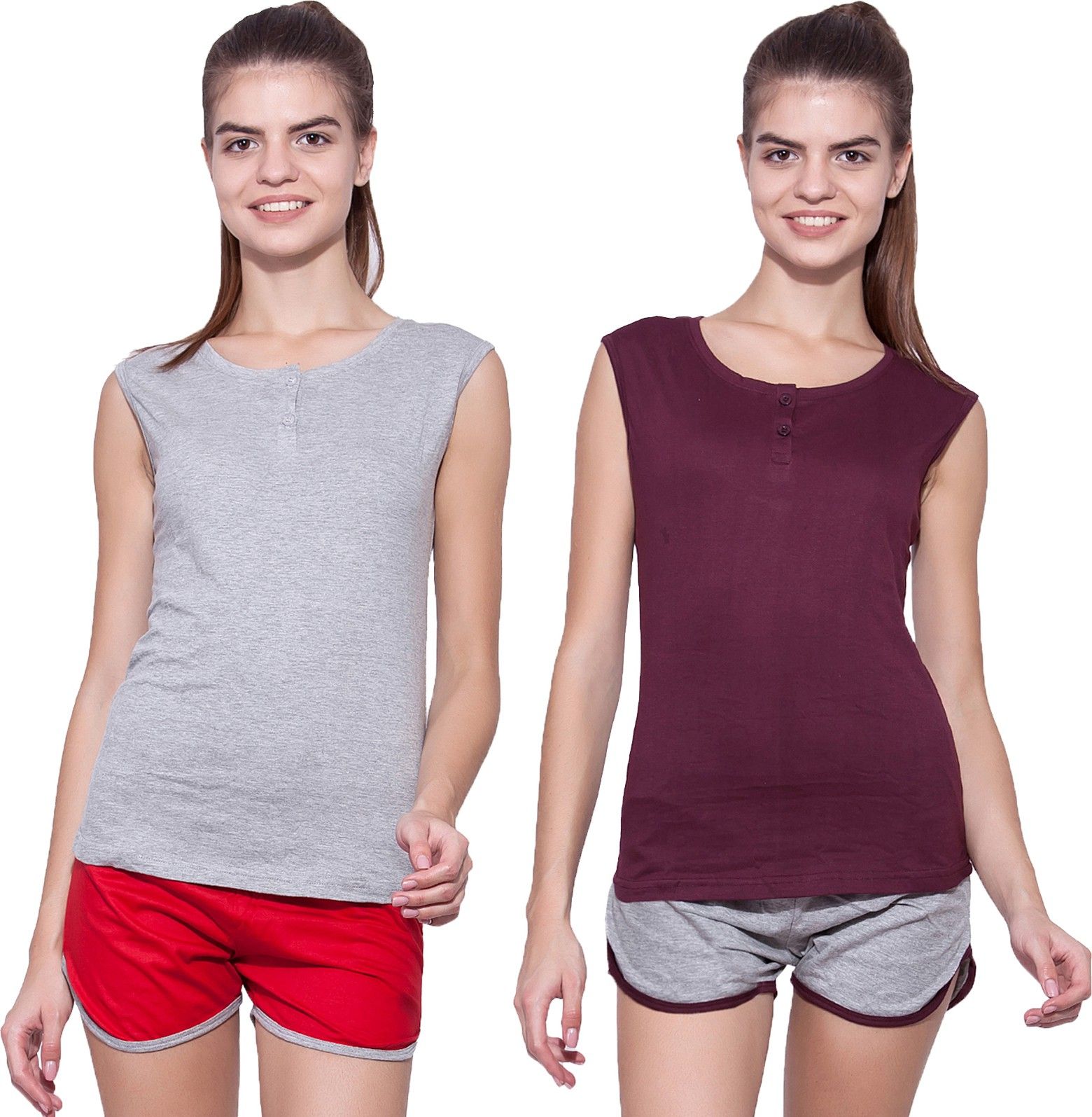 ap'pulse Pack of 2 Women Solid Henley Neck Pure Cotton Maroon, Grey T-Shirt-picture-33