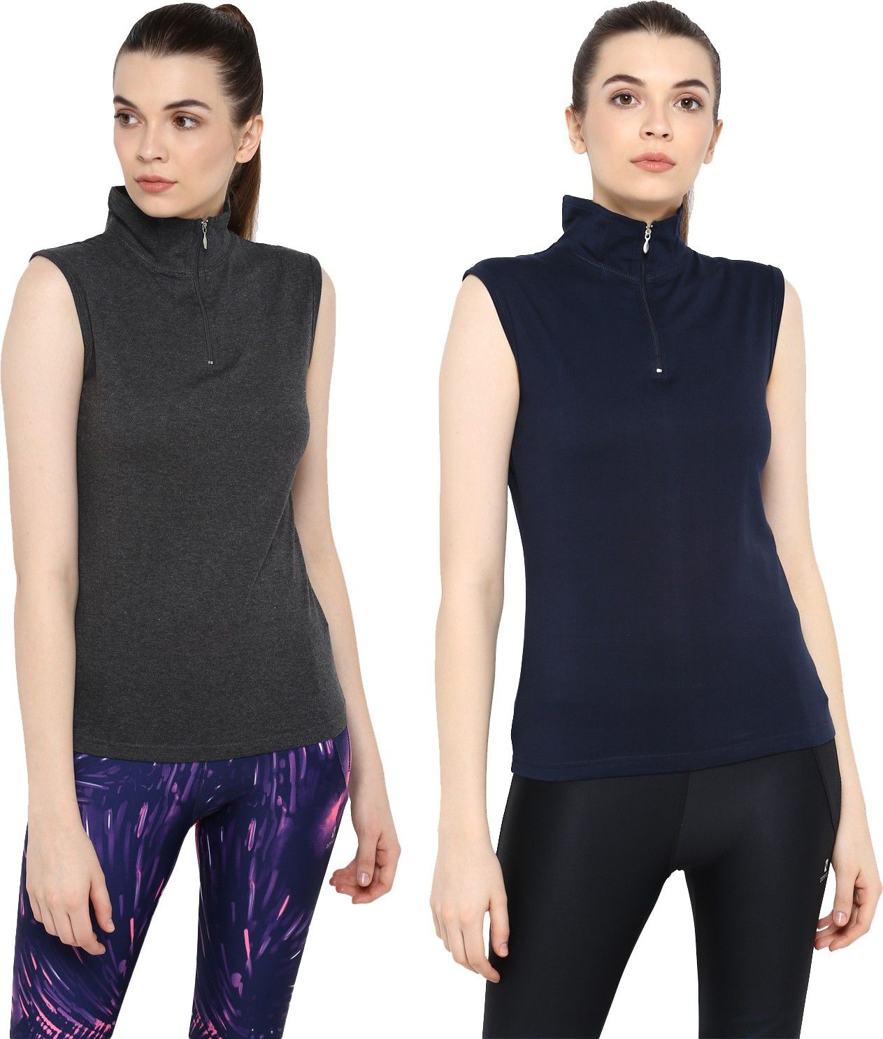 Pack of 2 Women Solid High Neck Pure Cotton Dark Blue, Grey T-Shirt-image-43