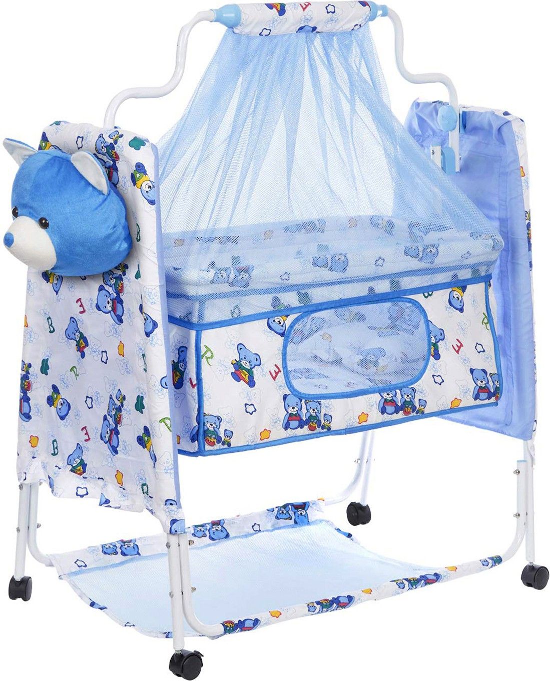 Cozy New Born Baby Cradle, Baby Swing, Baby jhula, Baby palna, Baby Bedding, Baby Bed, Crib, Bassinet with Mattress, Pillow, Mosquito Net for 0-9 Months (Blue)