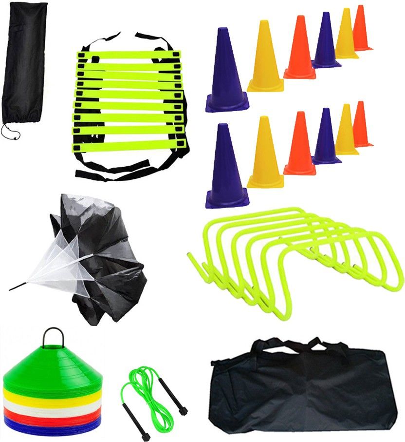 Sports & Fitness 4mtr Speed Ladder + 12pcs. Cone Marker (6inches) + 50 Space Marker + 6 Hurdles + 1 Parachute + Jump Rope + 1 Carry Bag Fitness Accessory Kit Kit