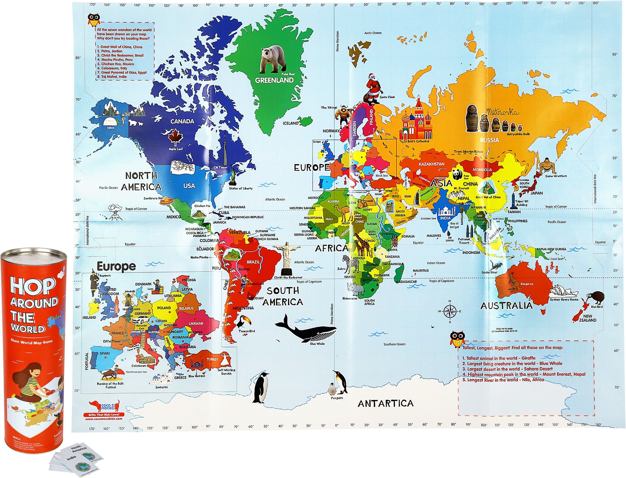 Hop Around the World - Giant World Map Twister Game, Educational Toy for 3-12 year olds, multi color