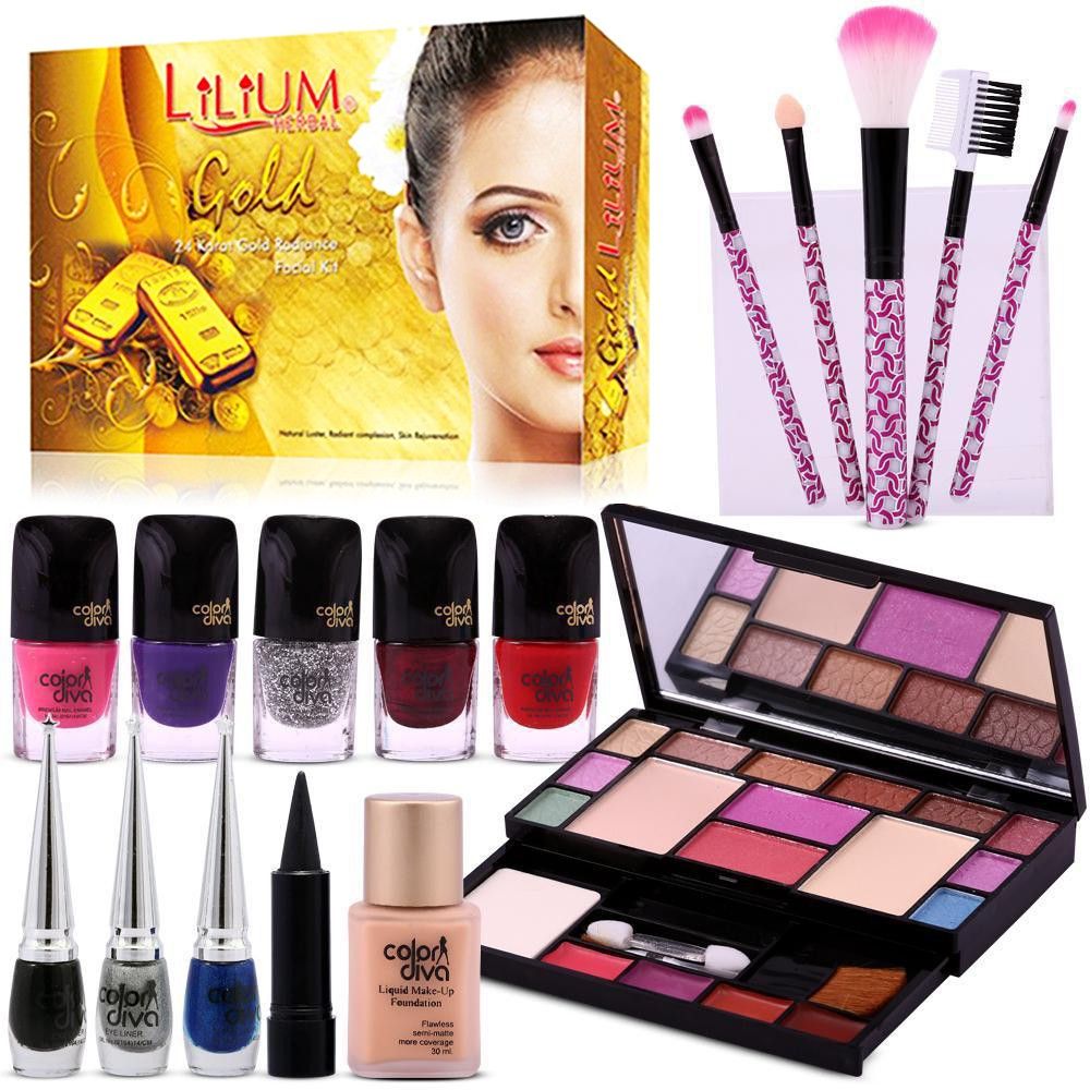 Diwali Special All in One Make-Pallete Combo by Color Diva & Skin Diva Gold Facial Kit-80g-image-43