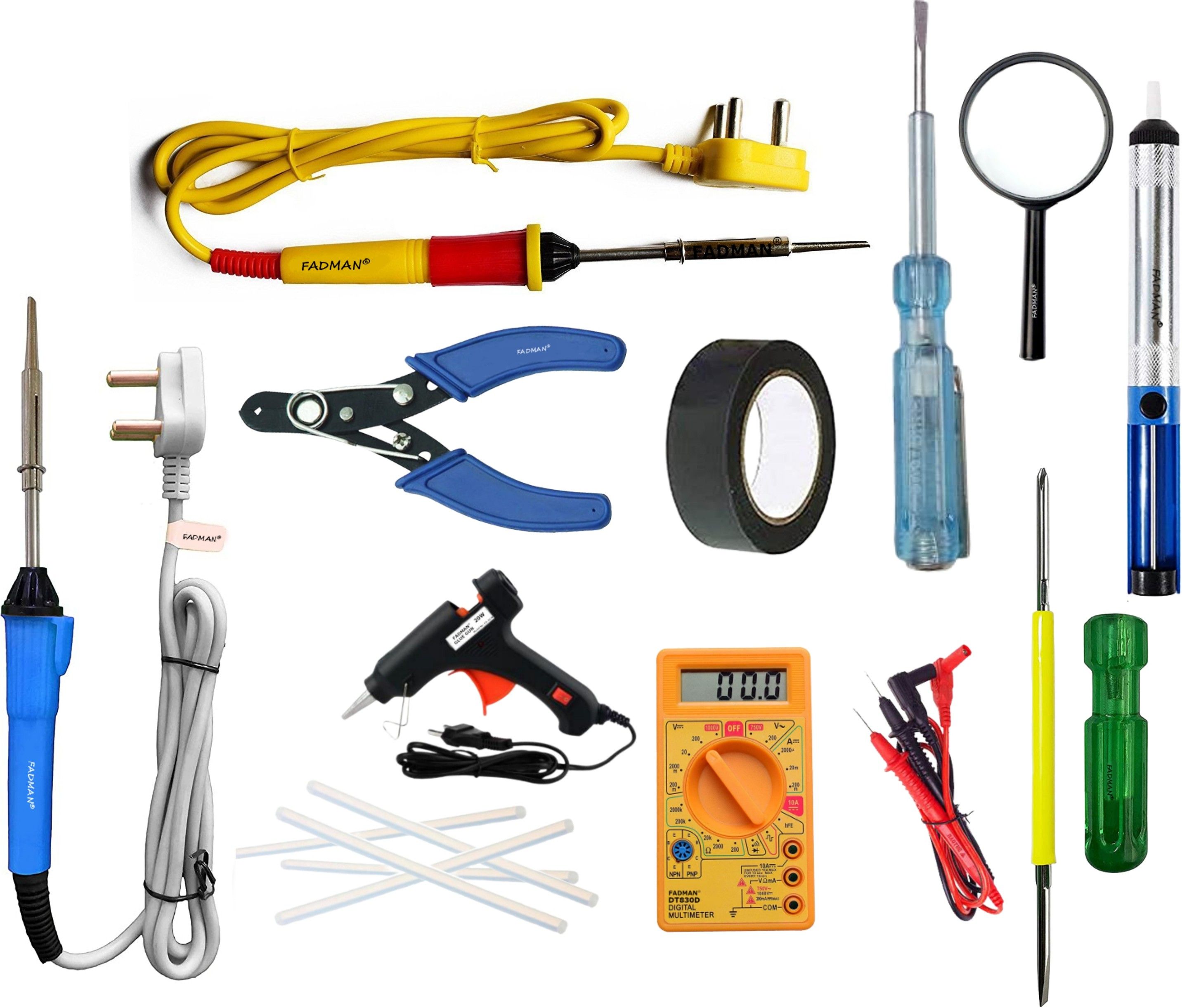 1Pc Desolder Pump|1Pc Magnifying Glass|1Pc Screw Driver 2IN1|1Pc Tester|1Pc Multimeter|1Pc Cutter|1Pc 20w Glue Gun|Sticks(5)|1Pc Tape|2Pcs Soldering Iron 25 W Simple-image-15