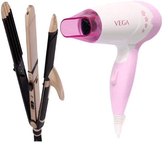 VEGA 3 in 1 Hair Styler - Straightener, Curler and Crimper (VHSCC-01) & Insta Glam 1000 Hair Dryer (VHDH-20) Personal Care Appliance Combo