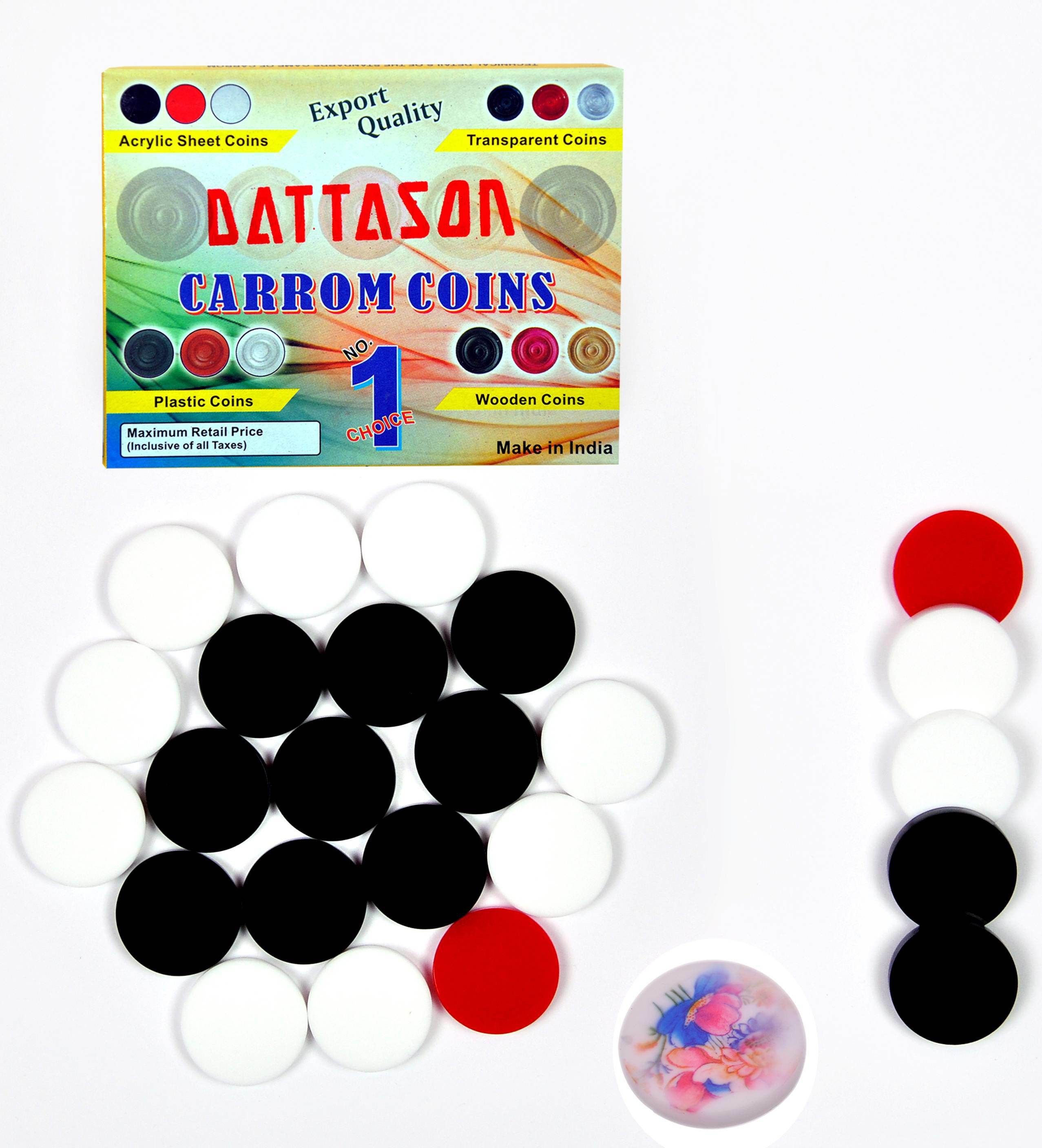 stc Dattason 6MM Acrylic Carrom Coins and Printed Striker Set ( Pack of 25 ) (Solid) Carrom Pawns-picture-34