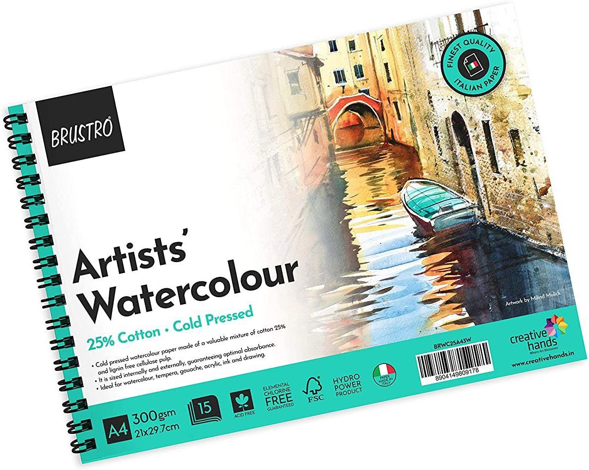 brustro Artist Watercolour Pad 25% Cotton 300 GSM A4 Wiro - 15 Sheets Sketch Pad-picture-17