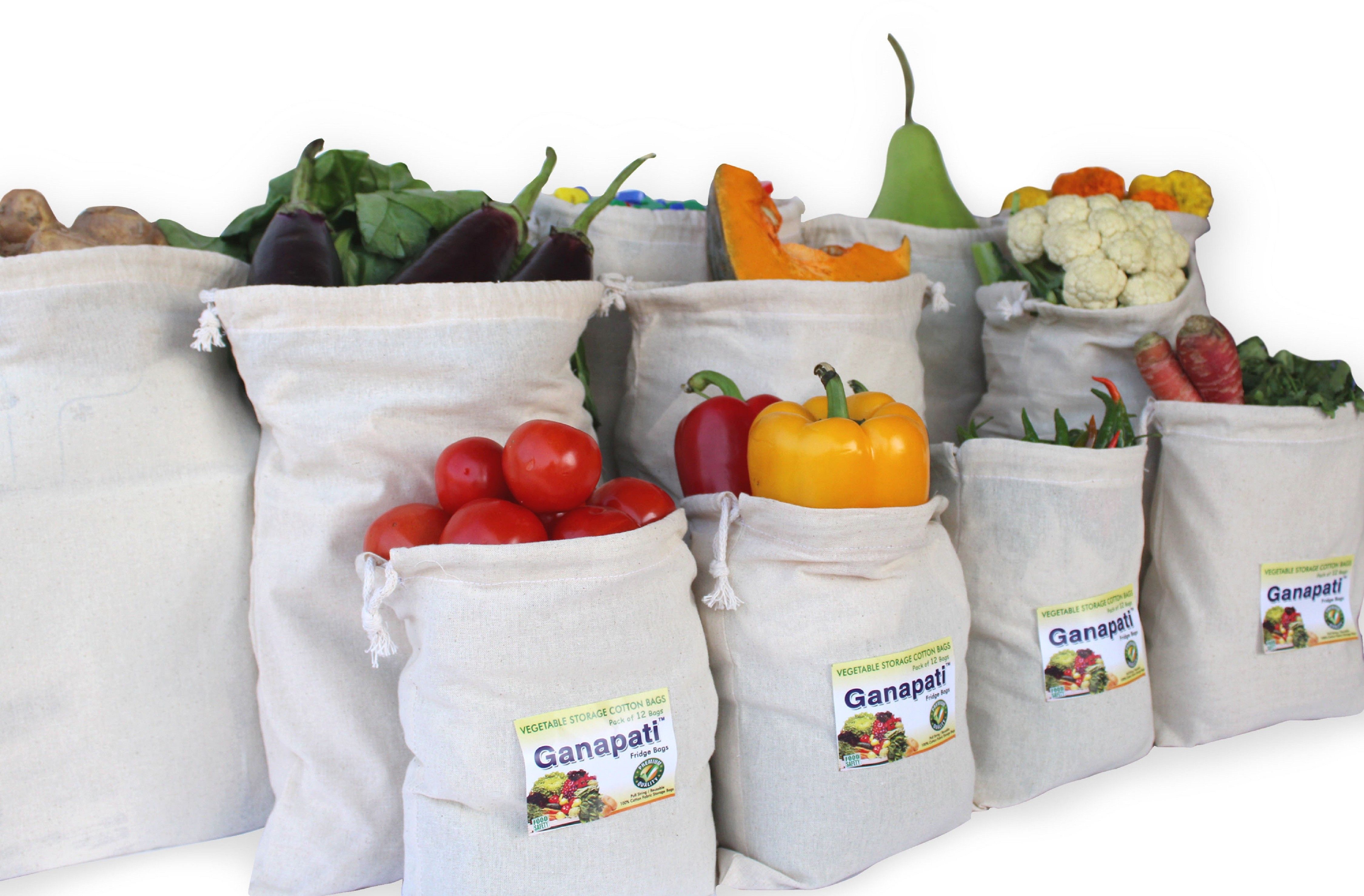 Fridge 100% Cotton Bag for Vegetables & Fruits Storage Organizer Reusable Multipurpose Washable Eco-Friendly Premium Quality Grocery Bag ( 6 Large and 4 Medium Size bag) Pack of 10 Grocery Bags-image-1