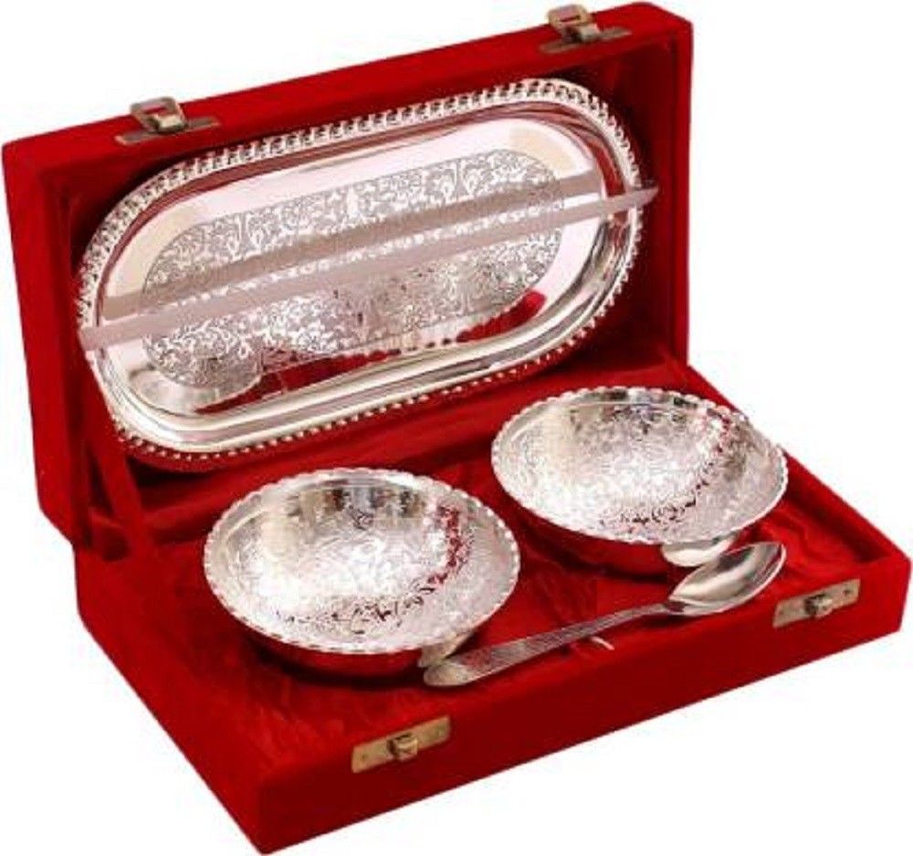 Brass Decorative Bowl (Silver, Pack of 4) Bowl, Spoon, Tray Serving Set-image-5