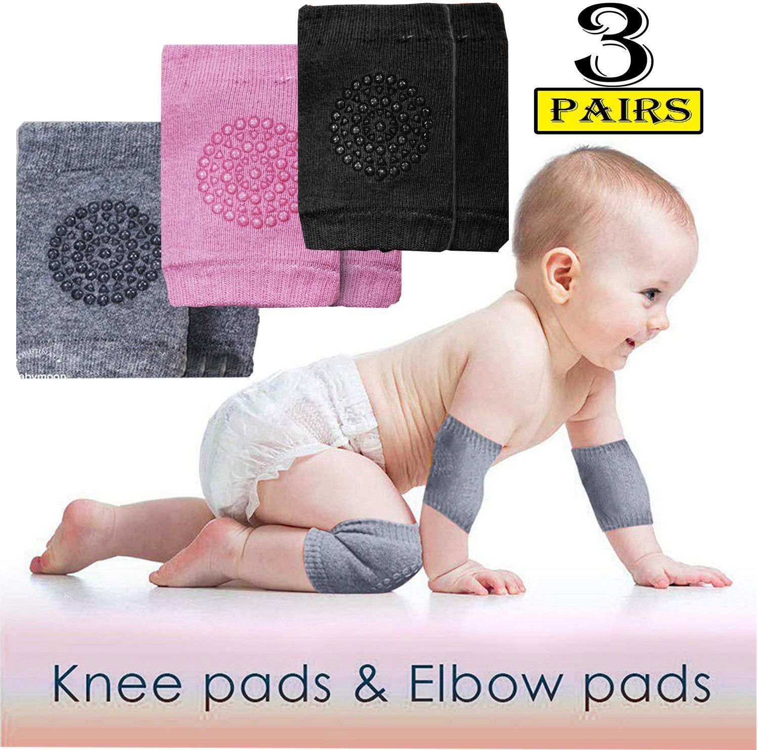 babymoon (3 PAIRS) Baby Knee Pads for Crawling, Anti-Slip Padded Stretchable Elastic Cotton Soft Breathable Comfortable Knee Cap Elbow Safety ProtectoR (Pink, Black & Light Grey ) Multicolor 2 Baby Knee Pads-picture-12