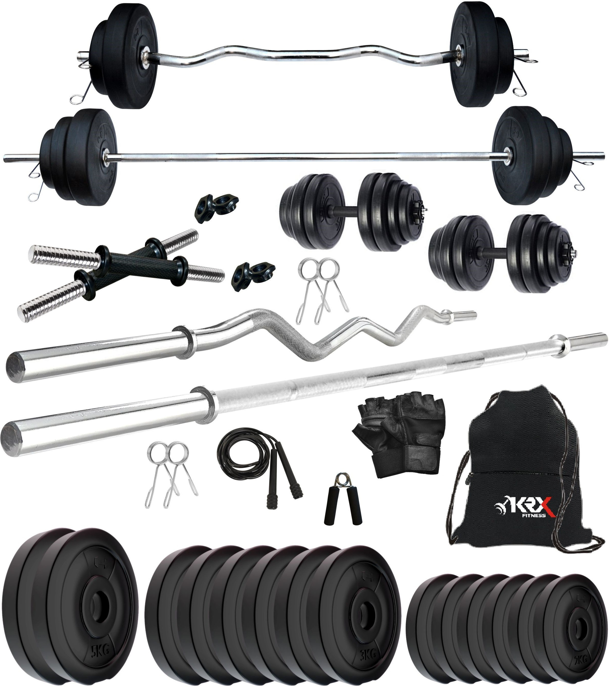krx 40 kg PVC 40 Kg Home Gym Set with 3 Ft Curl & 5 Ft plain & 1 Pair Dumbbell Home Gym Combo image 1