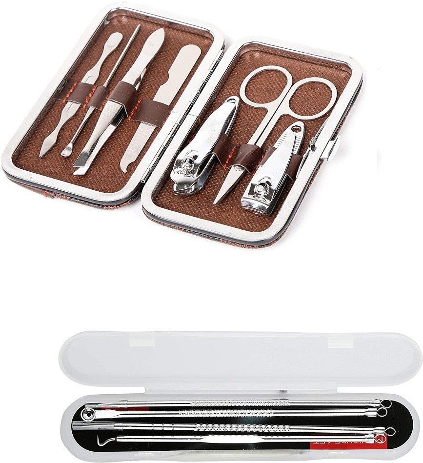 Professional Grooming Foot Hand Facial Care Manicure Pedicure Nail Grooming Stainless Steel Tool Kit With 4pcs Stainless Steel Blackhead Pimple Blemish Extractor Remover Tool (silver)