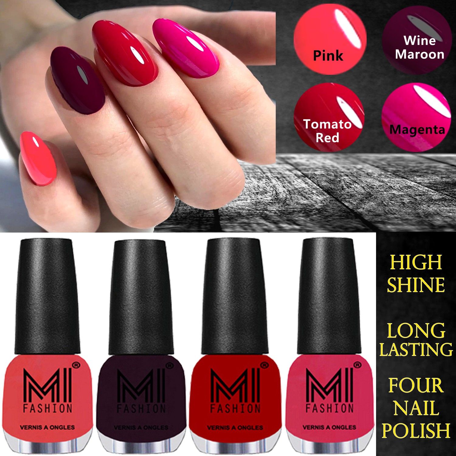 mi fashion Ultra High 3D Shine Longest Lasting Nail Polish Set Paint Combo 12ml Each Pink, Wine Maroon, Tomato Red, Magenta-picture-3