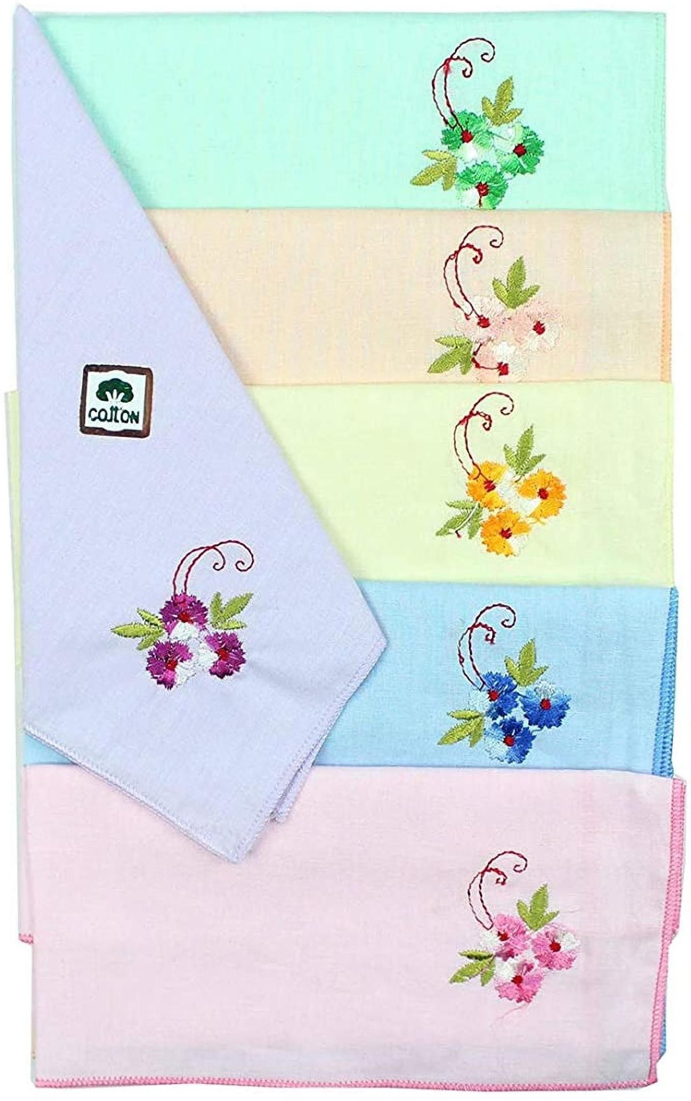 pawan_co Women's Soft Cotton Hankies with Floral Embroidery and Threaded Border (Multicolour Pack of 6) ["multicolors"] Handkerchief-picture-14