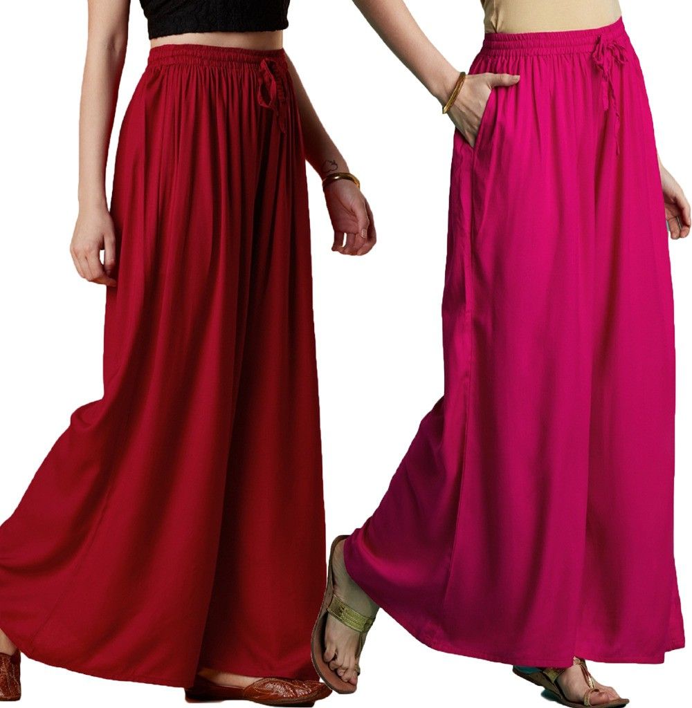 Pack of 2 Women Flared Maroon, Pink Viscose Rayon Trousers-image-34