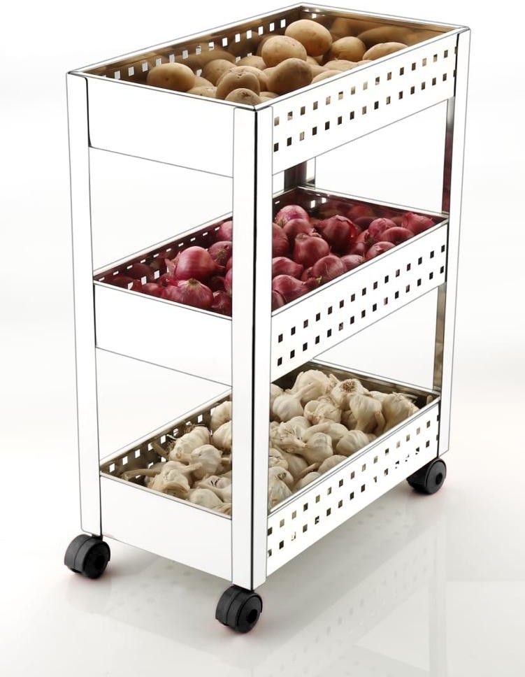 keepwell Stainless Steel 3-Tier Multi-function Vegetable / Fruit Basket / Storage Trolley for Home & Kitchen Stainless Steel Kitchen Trolley-picture-10