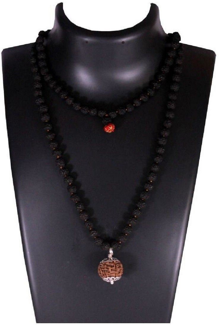 6 Mukhi Guru Mani / Bead (5 Mukhi Black Rudraksha Mala) Silver Cap - Lab Certified Wood, Silver-image-1