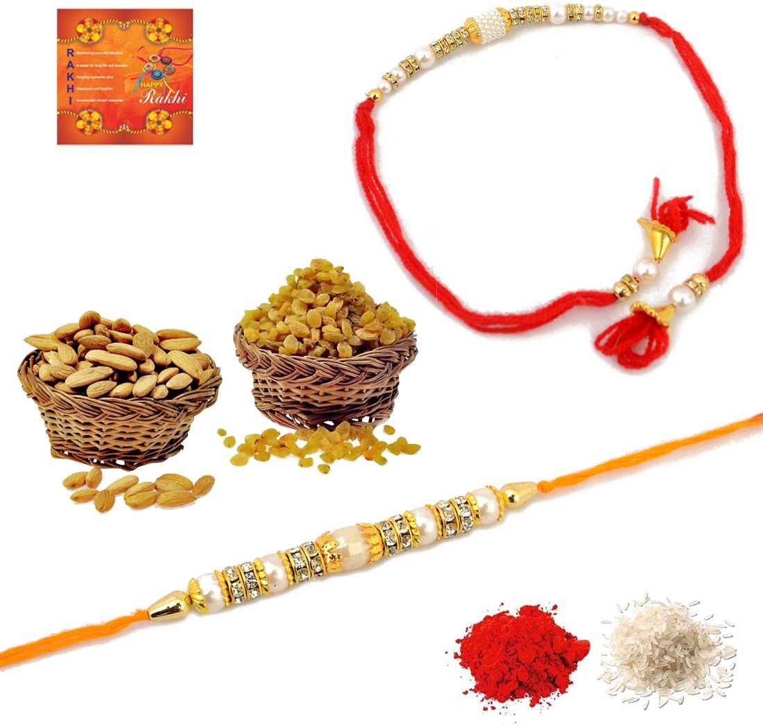 Dry Fruits Mixed Badam-Raisins (200Gm) With Multicolor Design Handcrafted Lumba Bhaiya-Bhabhi Rakhi Set-DRYBAKI-LumbaBB39 Cotton Gift Box-image-40