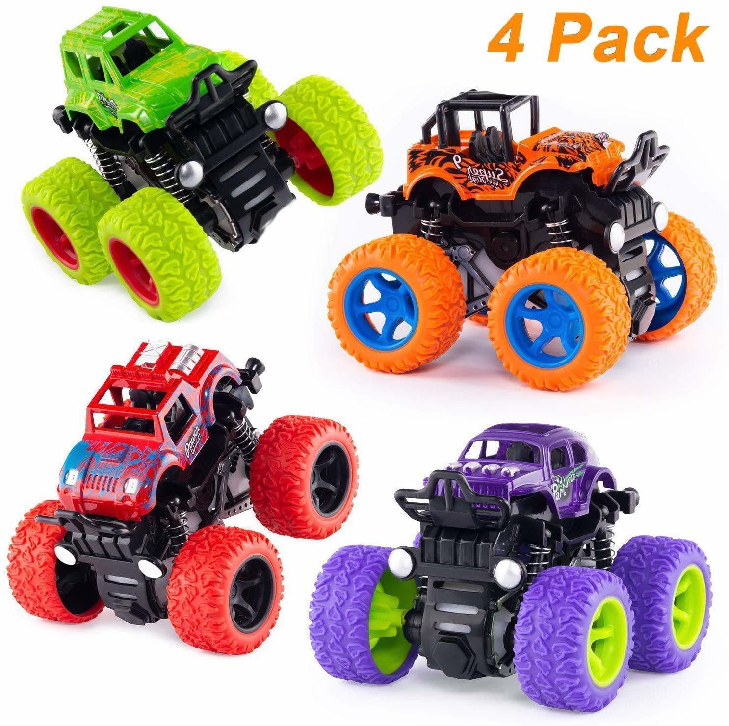 4WD Mini Monster Trucks Friction Powered Cars for Kids Big Rubber Tires Baby Boys Super Cars Truck Children Gift Toys for Kids [Age-3+] (Pack of 4)