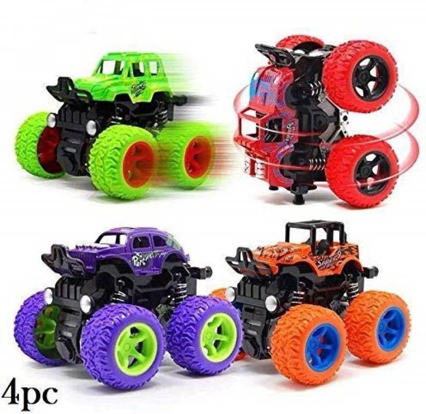 4pc 4WD Mini Monster Trucks Friction Powered Cars for Kids Big Rubber Tires Baby Boys Super Cars Blaze Truck Children Gift Toys Mini Rock Crawler (Set of 4) (Multicolr, Pack of: 4)