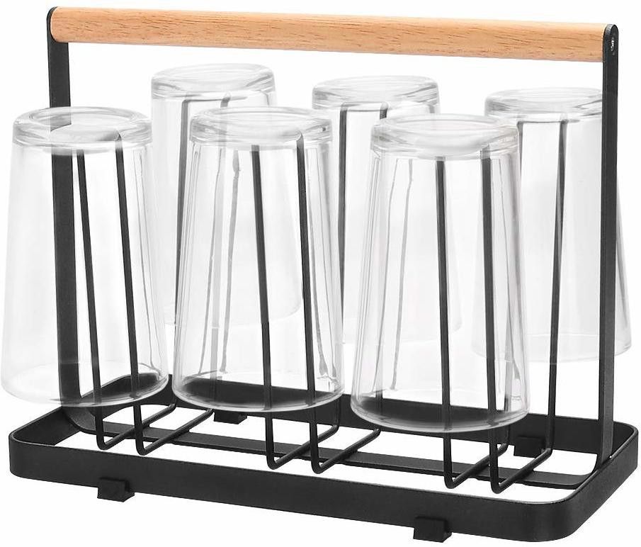 6 glass stand with wooden handle for dining mug cup organizer Stainless Steel Glass Holder