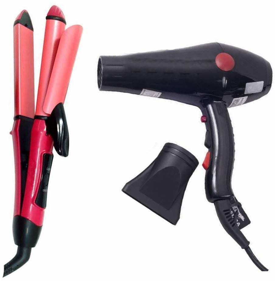 JOCOBOO 2800 Professional Hair Dryer for Men & Women with Styling Nozzle 2000 Watt Black & Hair Straightener 2009 with Hair Curling in Pink Personal Care Appliance Combo