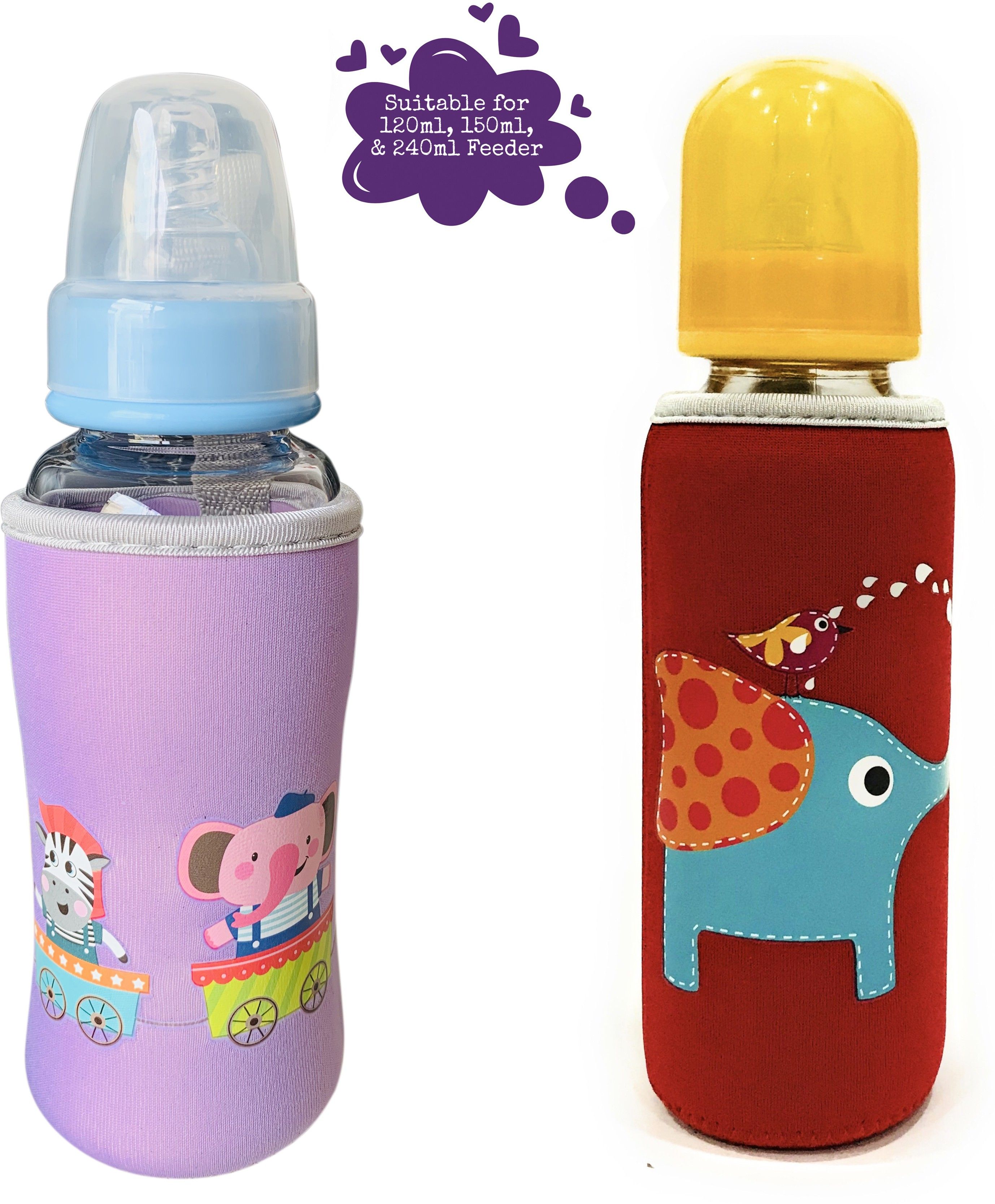 Cute Animated Patterned Soft Stretchable Baby Feeding Bottle Cover with Easy to Hold Strap for 120ml, 150ml, 240ml (Elephant & Zebra, Pack of 2)