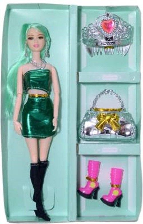collection Foldable Doll Set For Girl Green Dress (Multicolor)